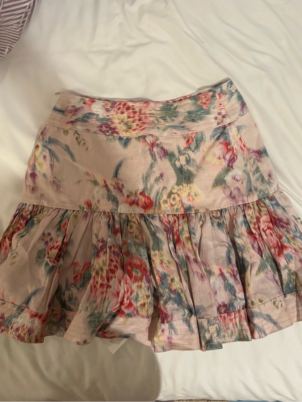 Zimmermann Pink Floral Tiered Ruffle Mini Skirt